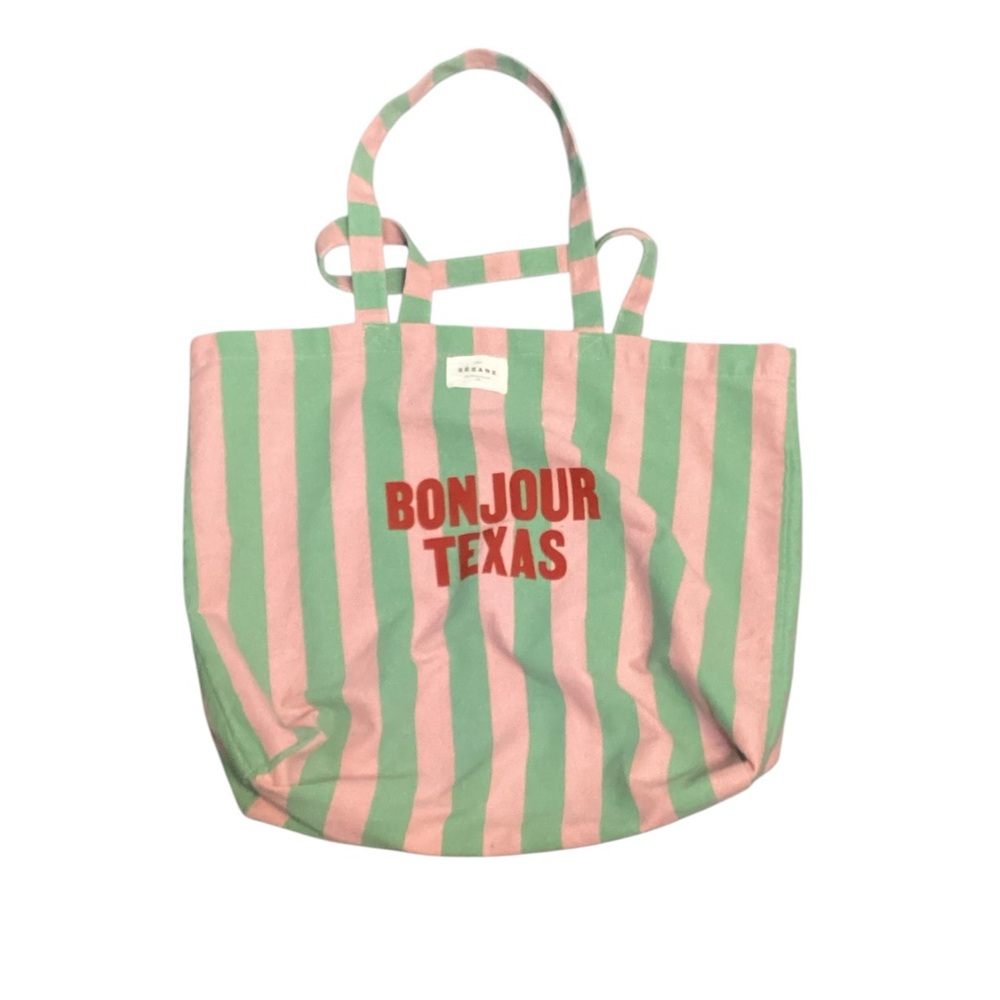 Sezane Striped 'Bonjour Texas' Tote in Pink and Green - Picture 2 of 4